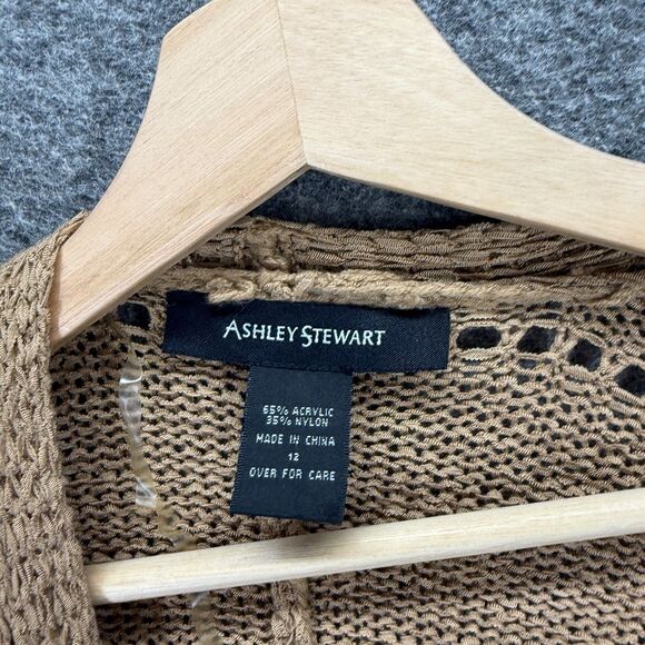 Ashley Stewart Top Women 12 Brown Open Front Short Sleeve Fringe Knit Acrylic - Picture 3 of 6